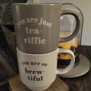 Set of 2 Stackable Coffee Tea Mug Set Brew-tiful Tea-riffic Microwave d/w safe
